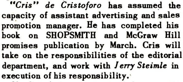R.J. DeChristoforo finished PTWFE (10ER) and assumed Assistant Advertising and Promotion Manager Dec 1952.png
