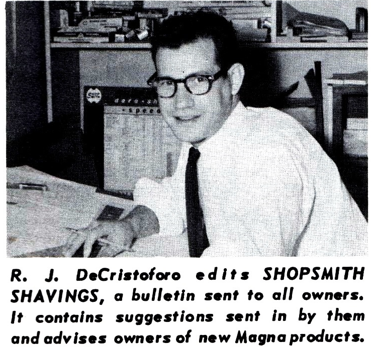 R.J. DeCristoforo  MAGNA Employee editing Shopsmith Shavings March 1954.png