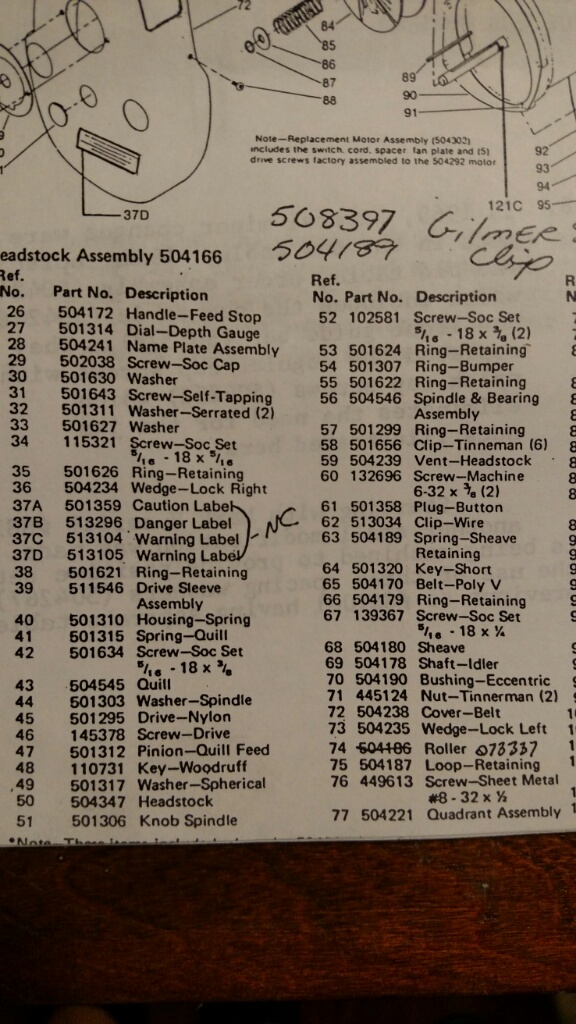Partial headstock parts list